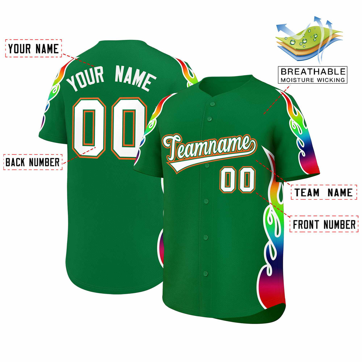 Custom Kelly Green Graffiti Pattern Personalized Multicolored Flames Print Authentic Baseball Jersey