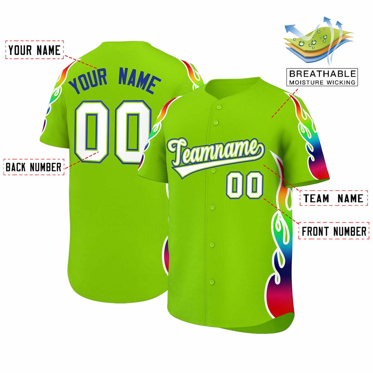 Custom Neon Green Graffiti Pattern Personalized Multicolored Flames Print Authentic Baseball Jersey