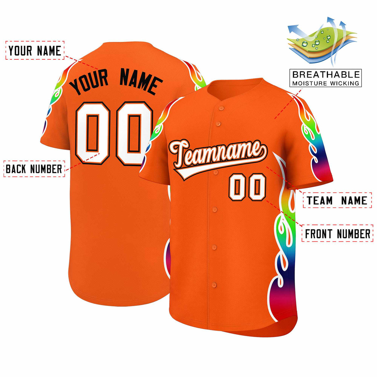 Custom Orange Graffiti Pattern Personalized Multicolored Flames Print Authentic Baseball Jersey