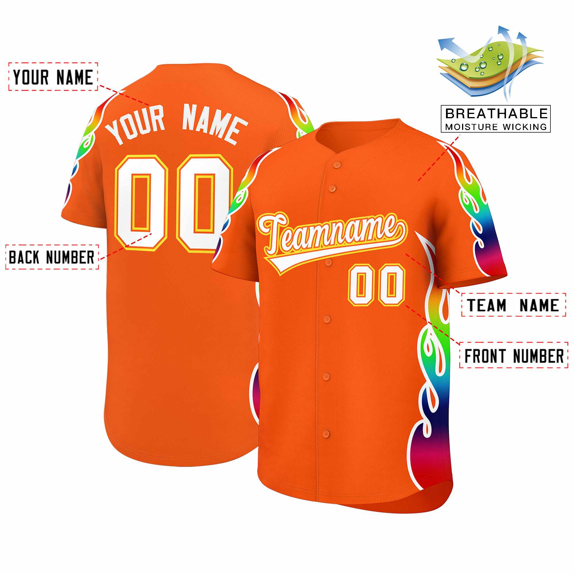 Custom Orange Graffiti Pattern Personalized Multicolored Flames Print Authentic Baseball Jersey