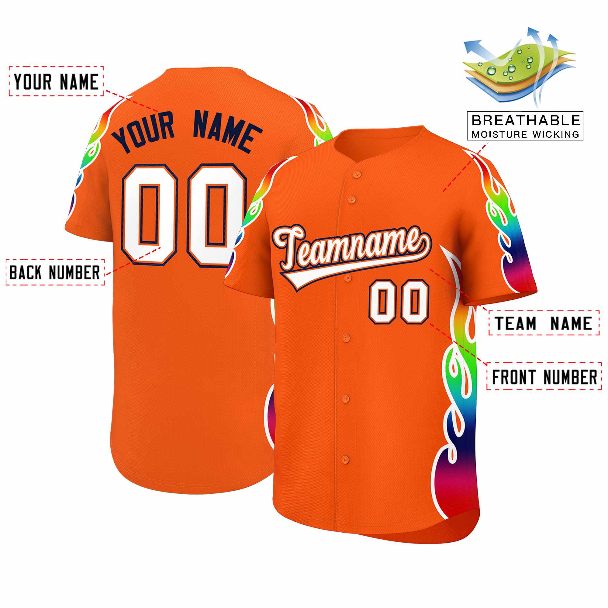 Custom Orange Graffiti Pattern Personalized Multicolored Flames Print Authentic Baseball Jersey