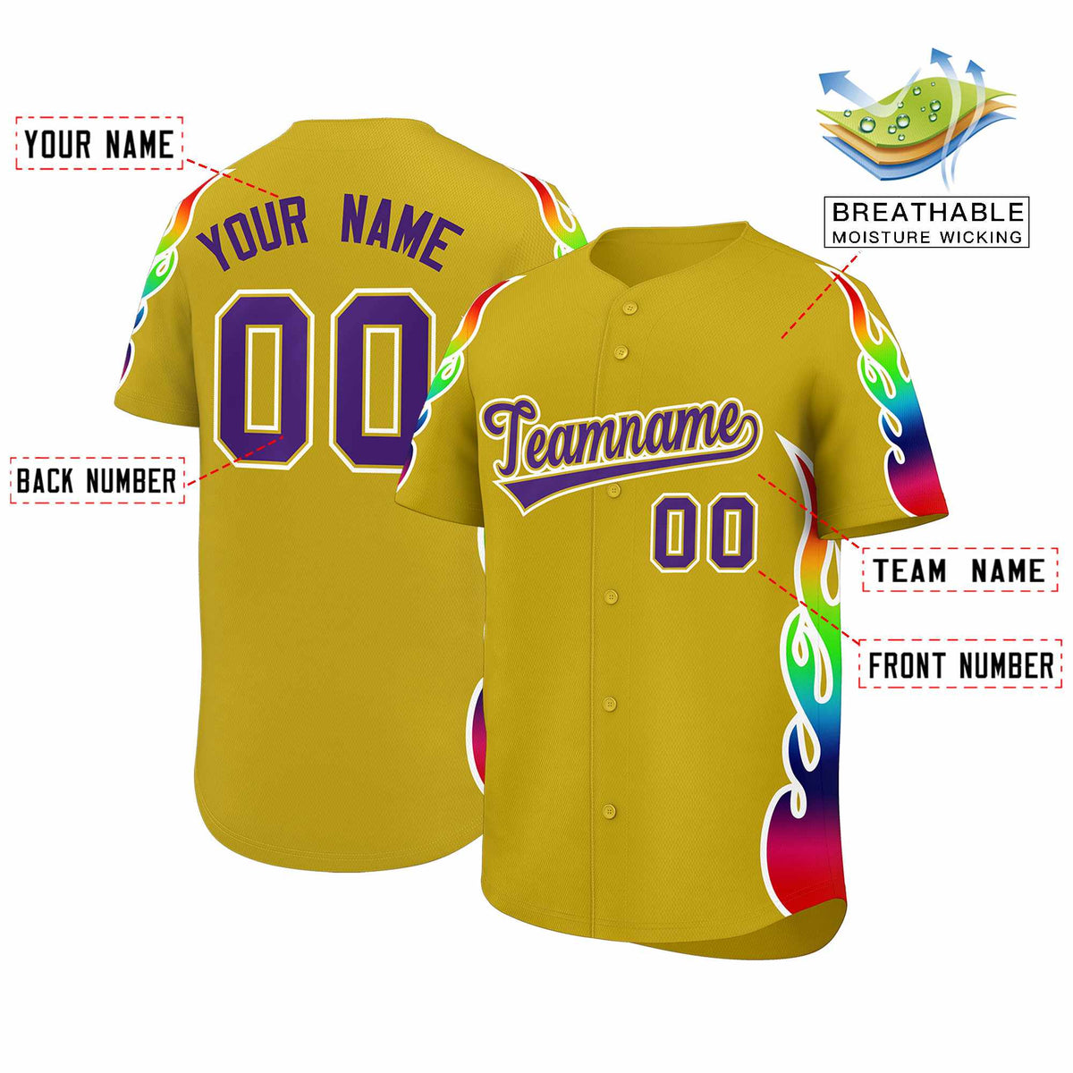 Custom Old Gold Graffiti Pattern Personalized Multicolored Flames Print Authentic Baseball Jersey
