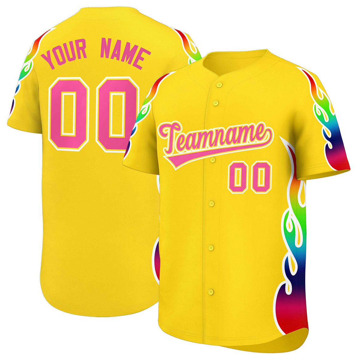 Custom Gold Graffiti Pattern Personalized Multicolored Flames Print Authentic Baseball Jersey