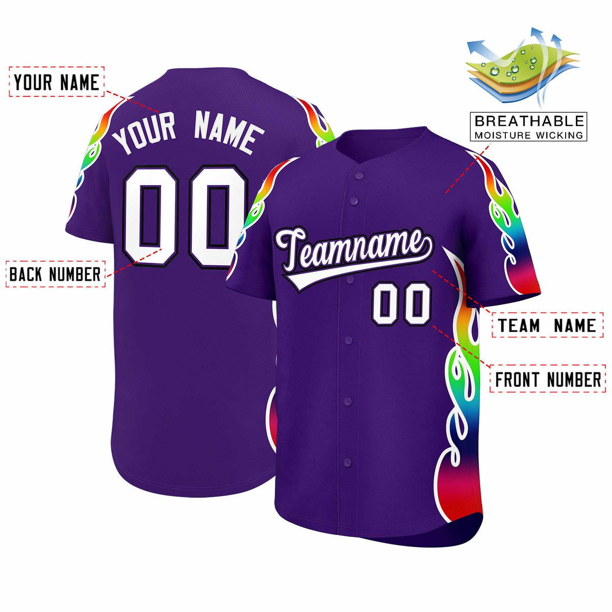 Custom Purple Graffiti Pattern Personalized Multicolored Flames Print Authentic Baseball Jersey