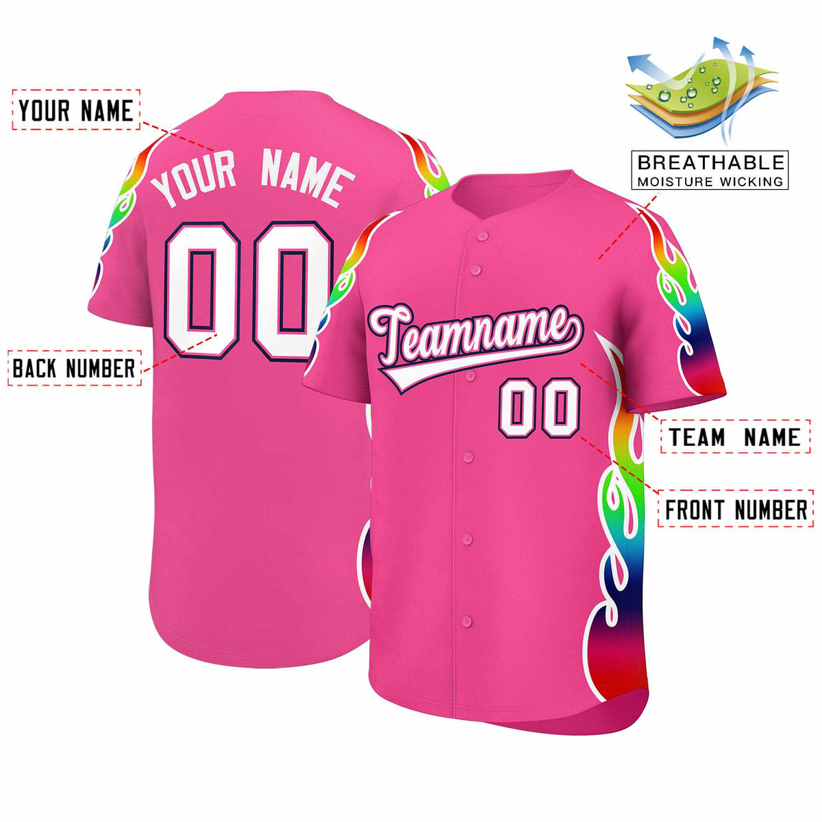 Custom Pink Graffiti Pattern Personalized Multicolored Flames Print Authentic Baseball Jersey