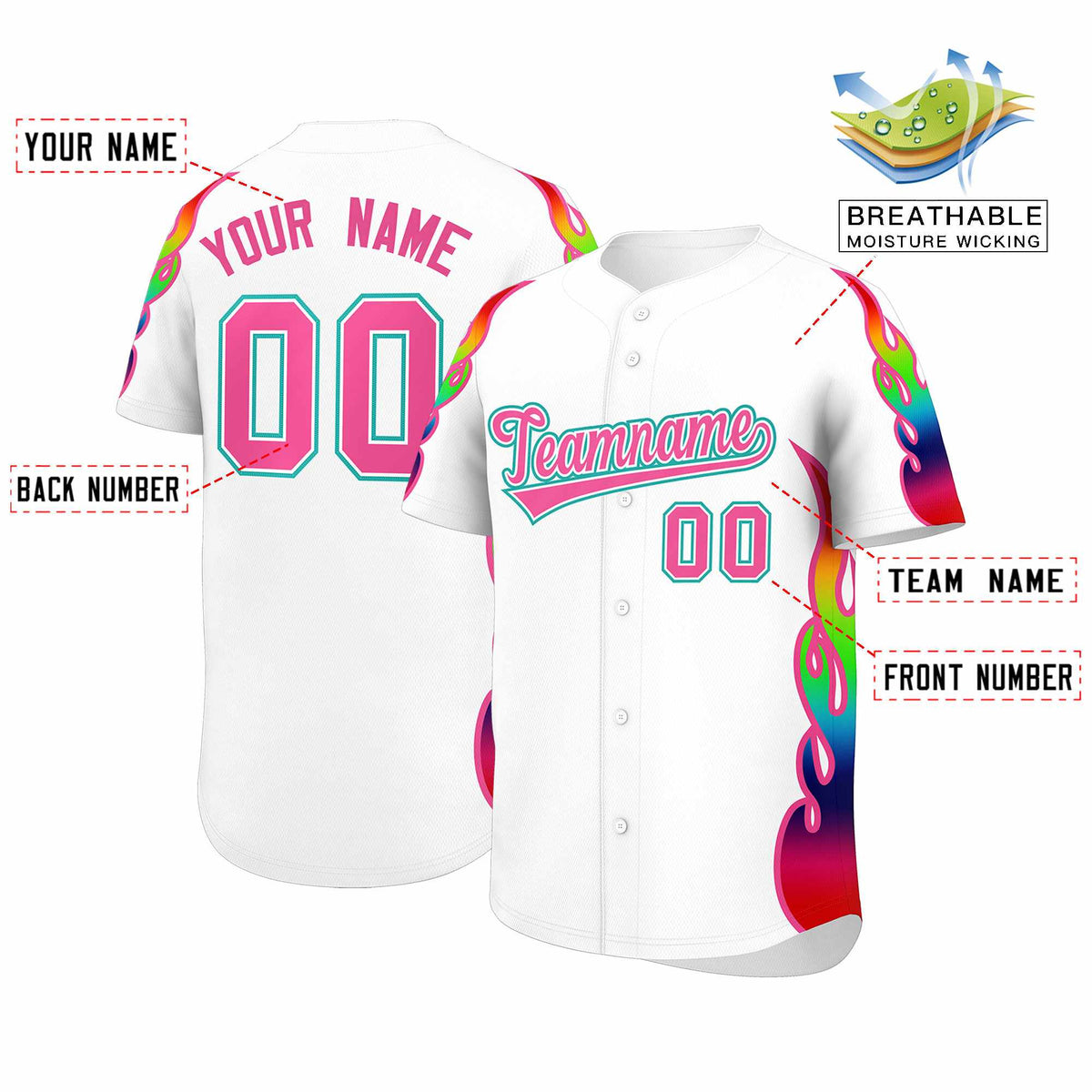 Custom White Graffiti Pattern Personalized Multicolored Flames Print Authentic Baseball Jersey