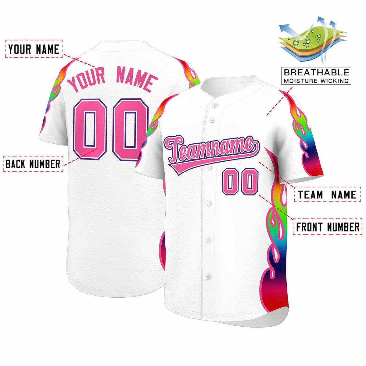 Custom White Graffiti Pattern Personalized Multicolored Flames Print Authentic Baseball Jersey