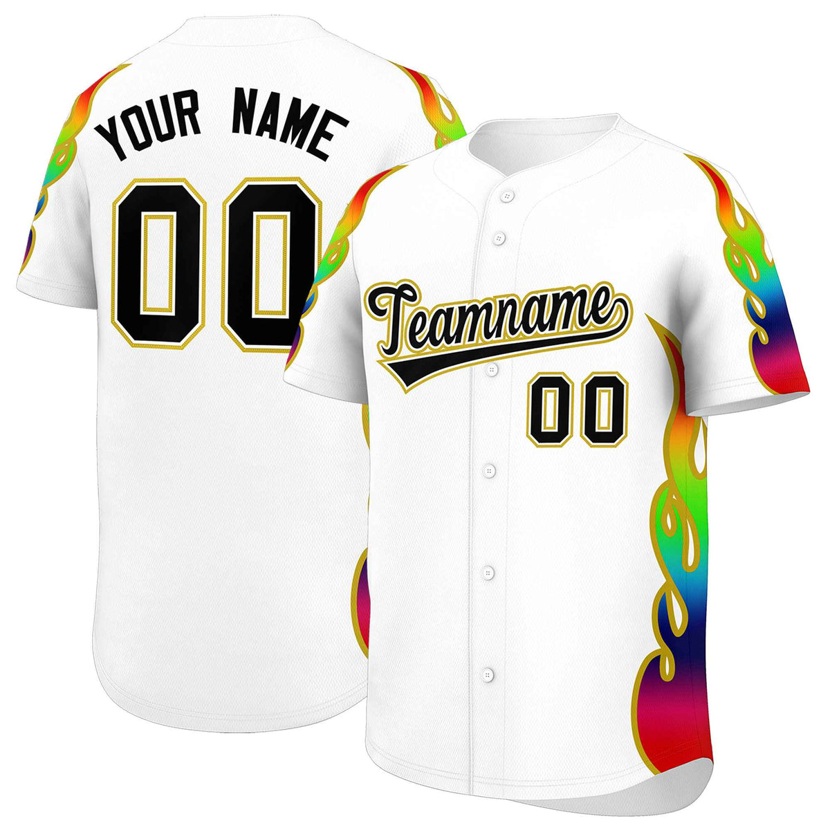 Custom White Graffiti Pattern Personalized Multicolored Flames Print Authentic Baseball Jersey