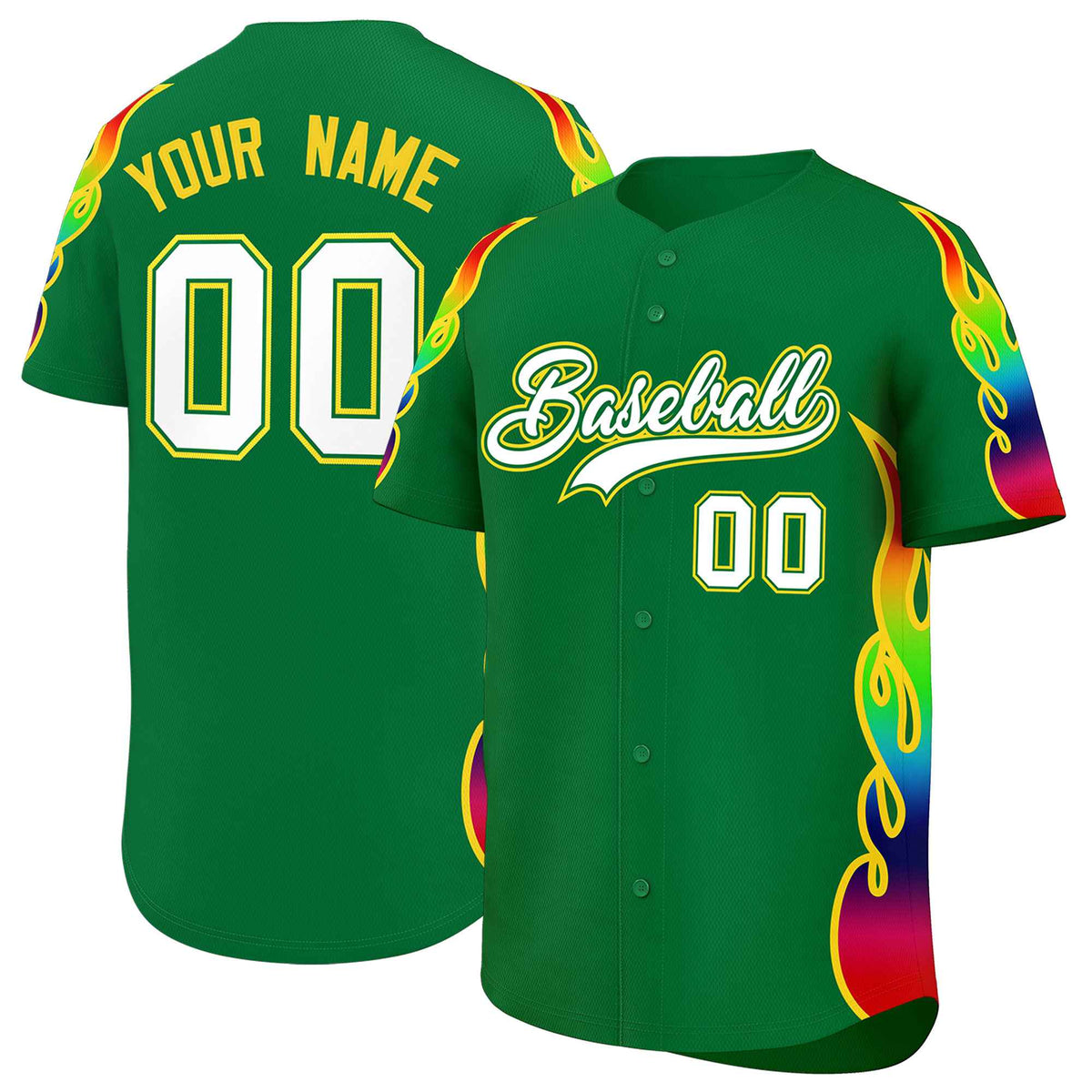 Custom Kelly Green Graffiti Pattern Personalized Multicolored Flames Print Authentic Baseball Jersey