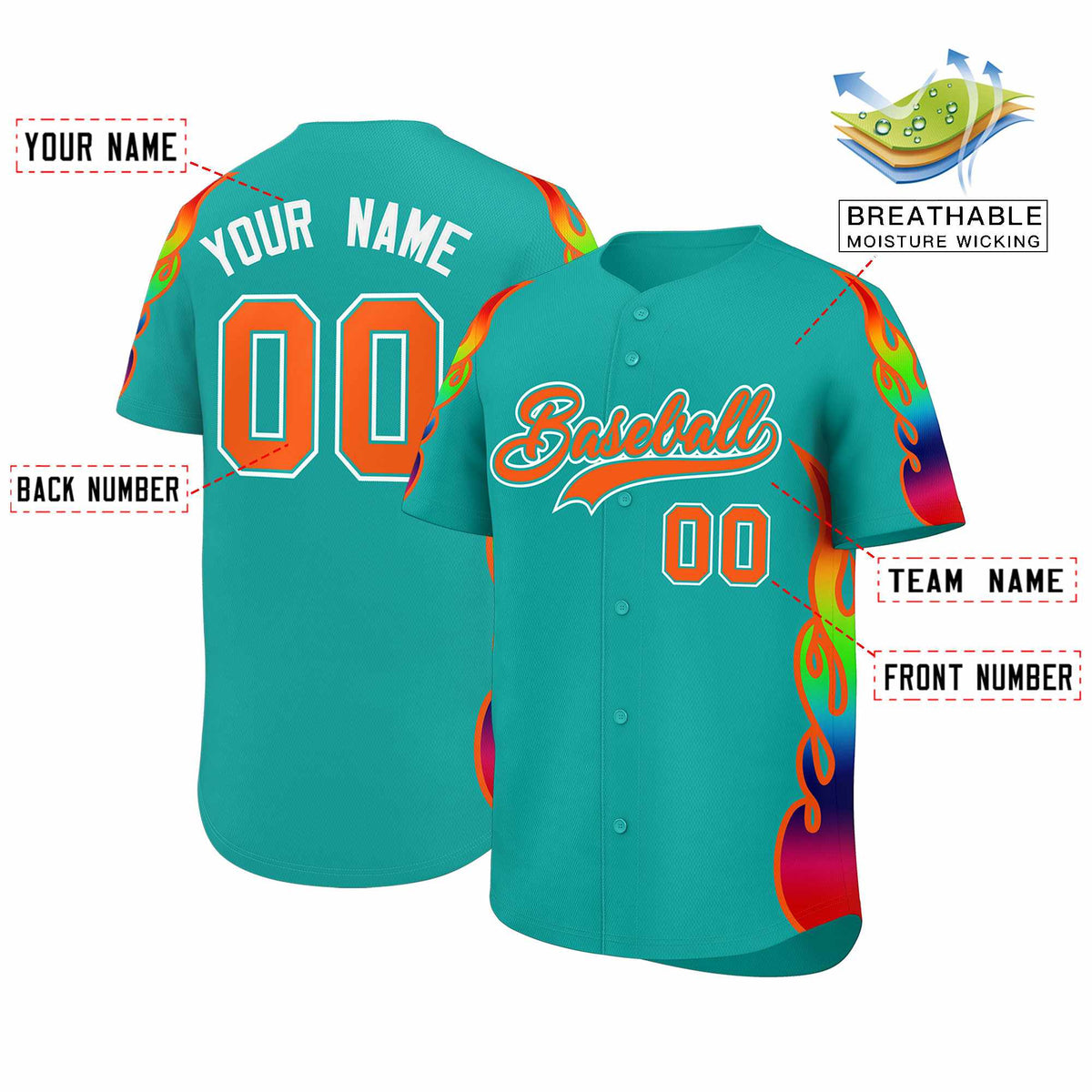 Custom Aqua Graffiti Pattern Personalized Multicolored Flames Print Authentic Baseball Jersey