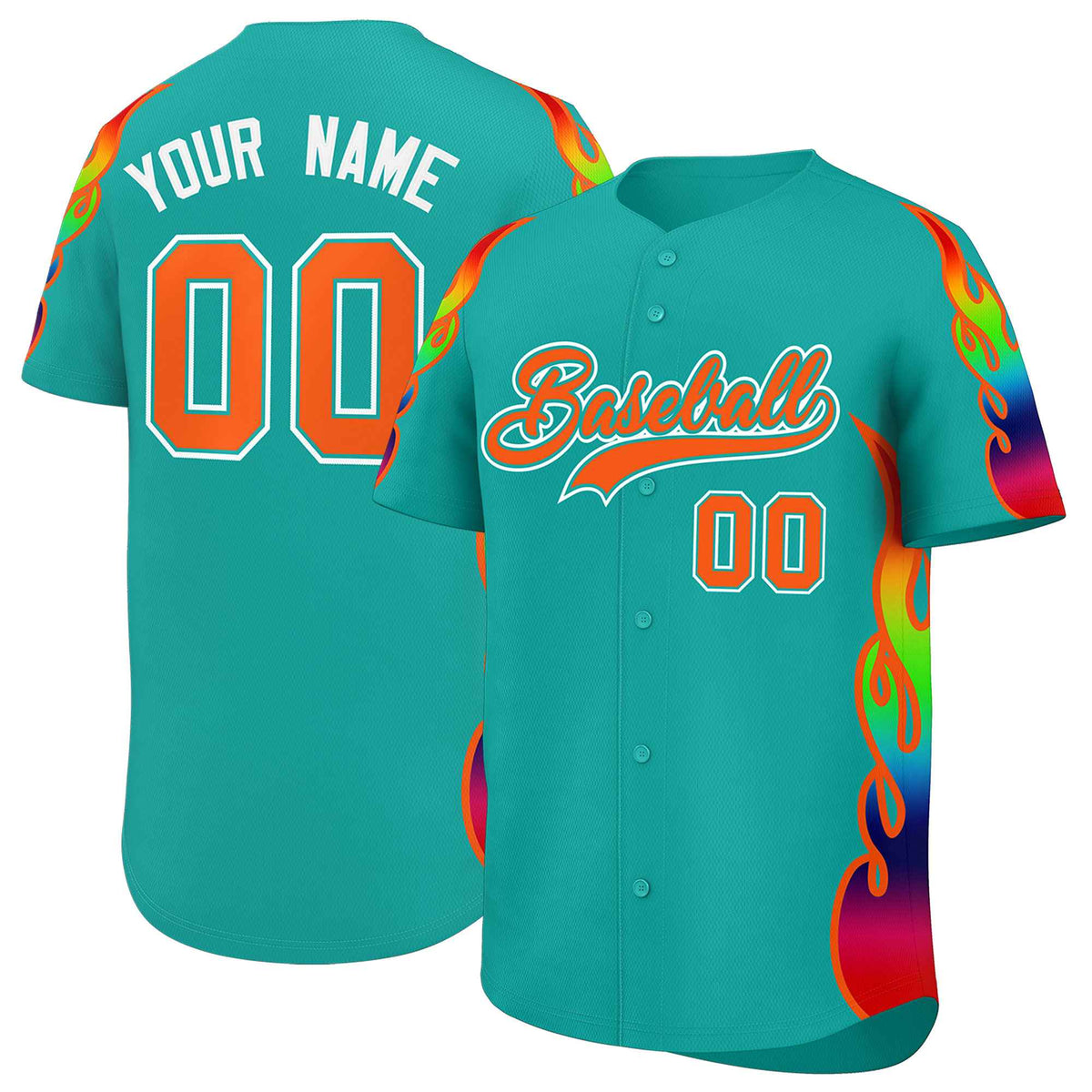 Custom Aqua Graffiti Pattern Personalized Multicolored Flames Print Authentic Baseball Jersey