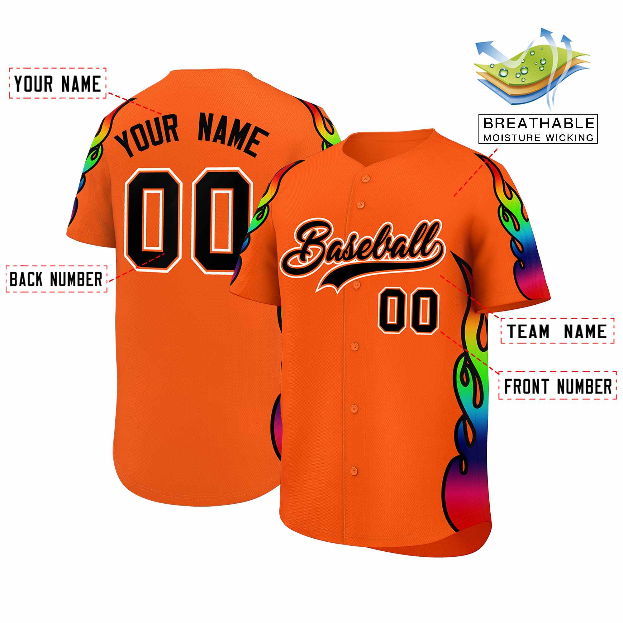 Custom Orange Graffiti Pattern Personalized Multicolored Flames Print Authentic Baseball Jersey