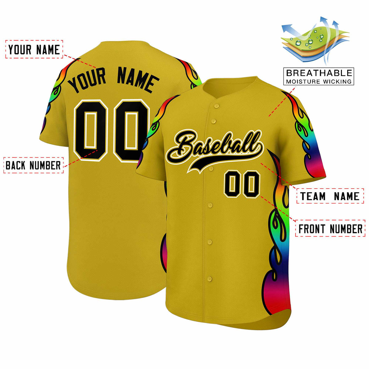 Custom Old Gold Graffiti Pattern Personalized Multicolored Flames Print Authentic Baseball Jersey