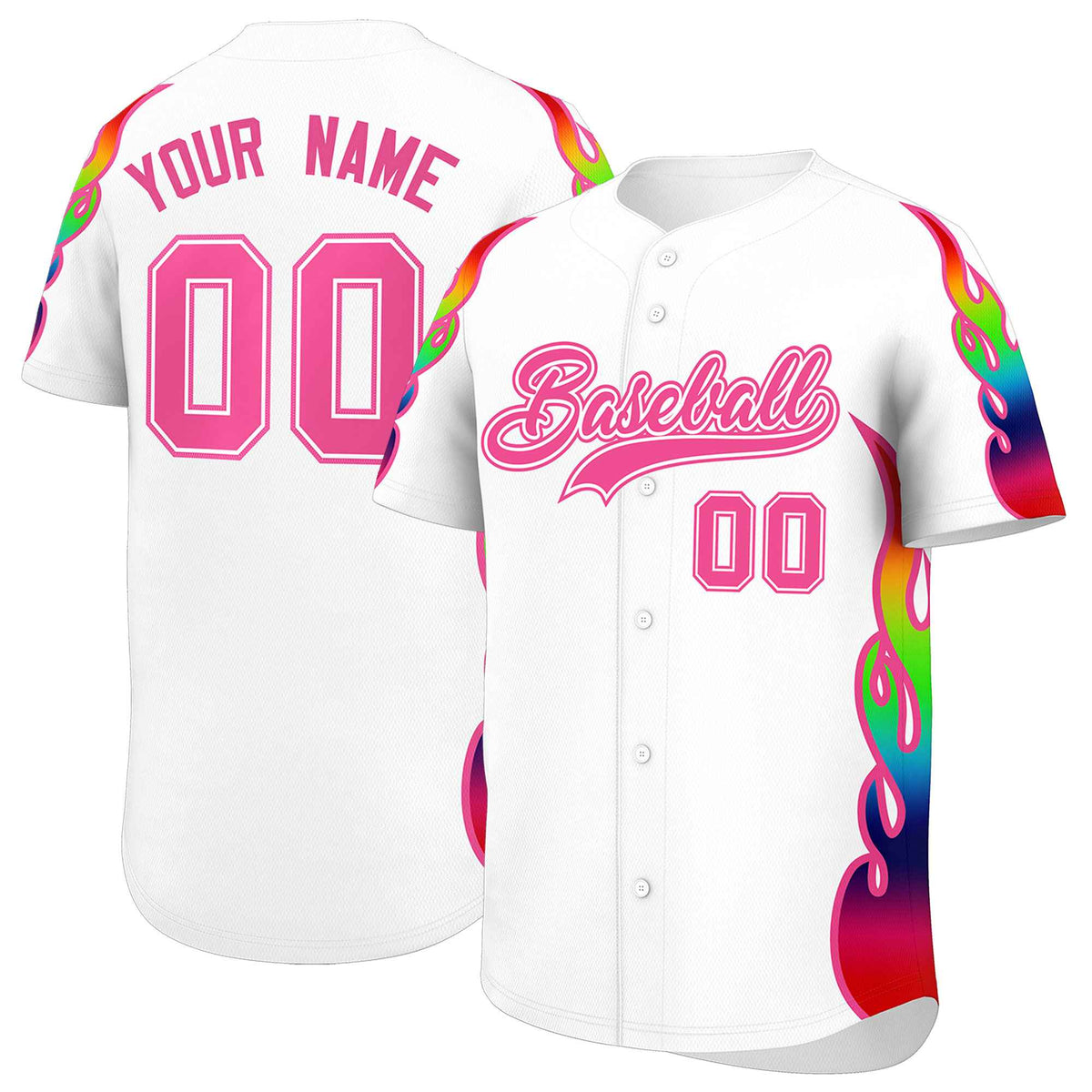 Custom White Graffiti Pattern Personalized Multicolored Flames Print Authentic Baseball Jersey