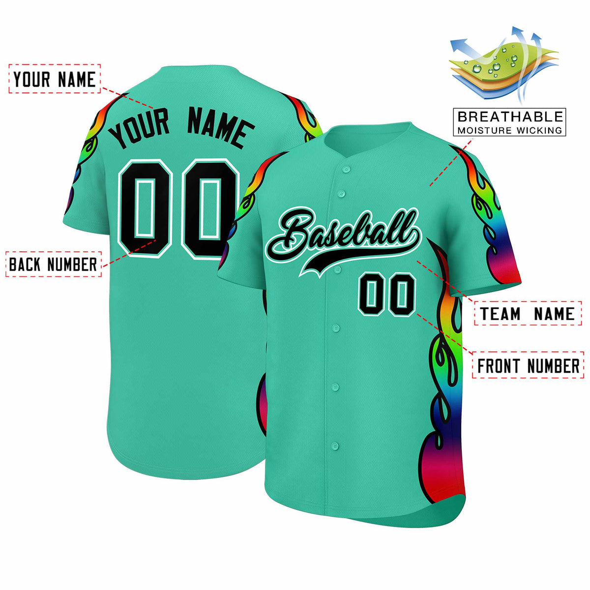 Custom Bright Green Graffiti Pattern Personalized Multicolored Flames Print Authentic Baseball Jersey
