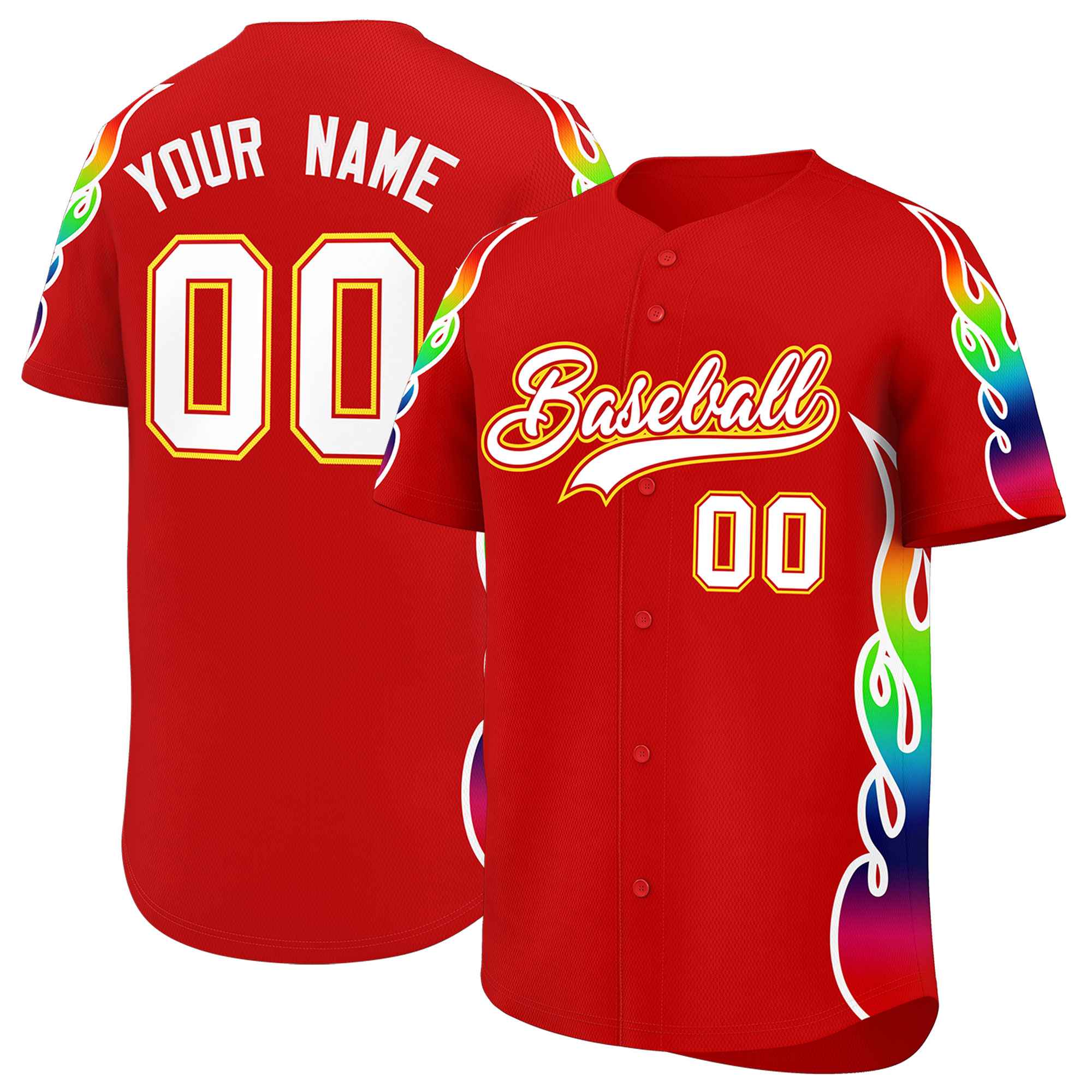 Custom Red Graffiti Pattern Personalized Multicolored Flames Print Authentic Baseball Jersey