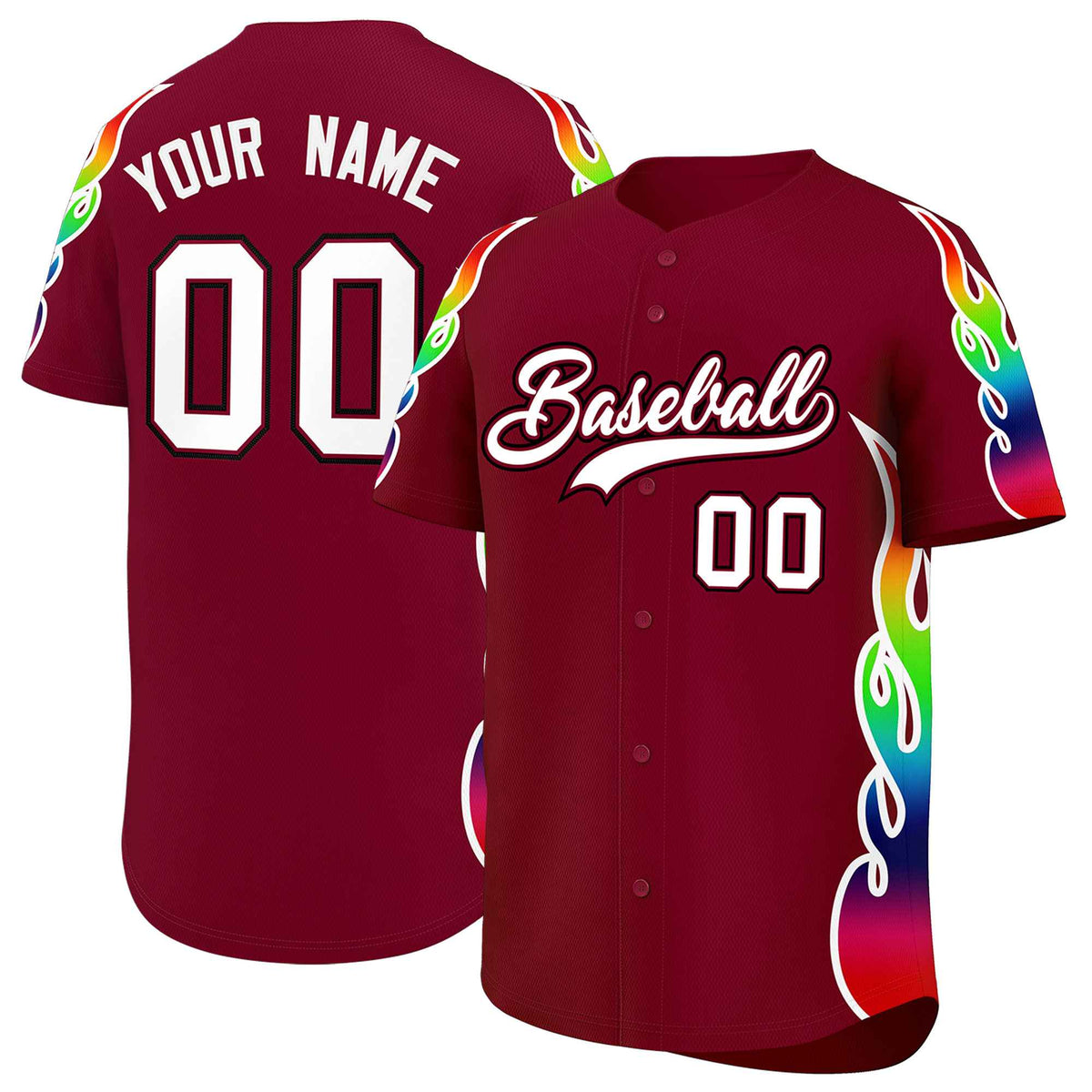Custom Crimson Graffiti Pattern Personalized Multicolored Flames Print Authentic Baseball Jersey