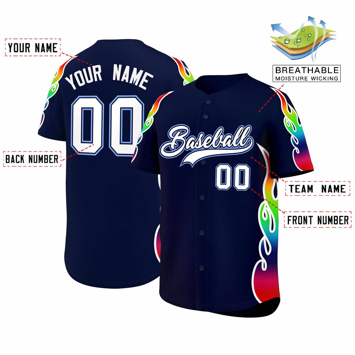 Custom Navy Graffiti Pattern Personalized Multicolored Flames Print Authentic Baseball Jersey