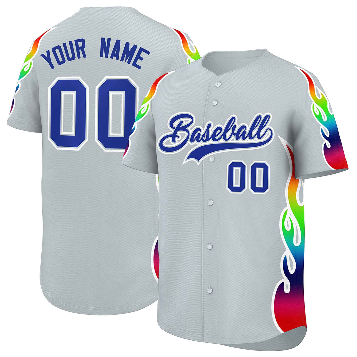 Custom Silver Graffiti Pattern Personalized Multicolored Flames Print Authentic Baseball Jersey