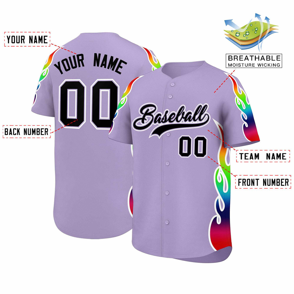 Custom Light Purple Graffiti Pattern Personalized Multicolored Flames Print Authentic Baseball Jersey