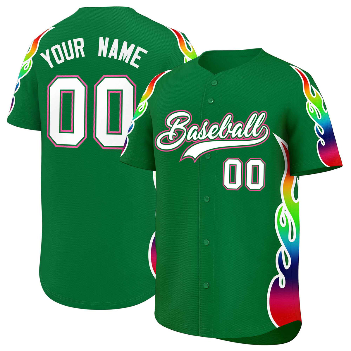 Custom Kelly Green Graffiti Pattern Personalized Multicolored Flames Print Authentic Baseball Jersey
