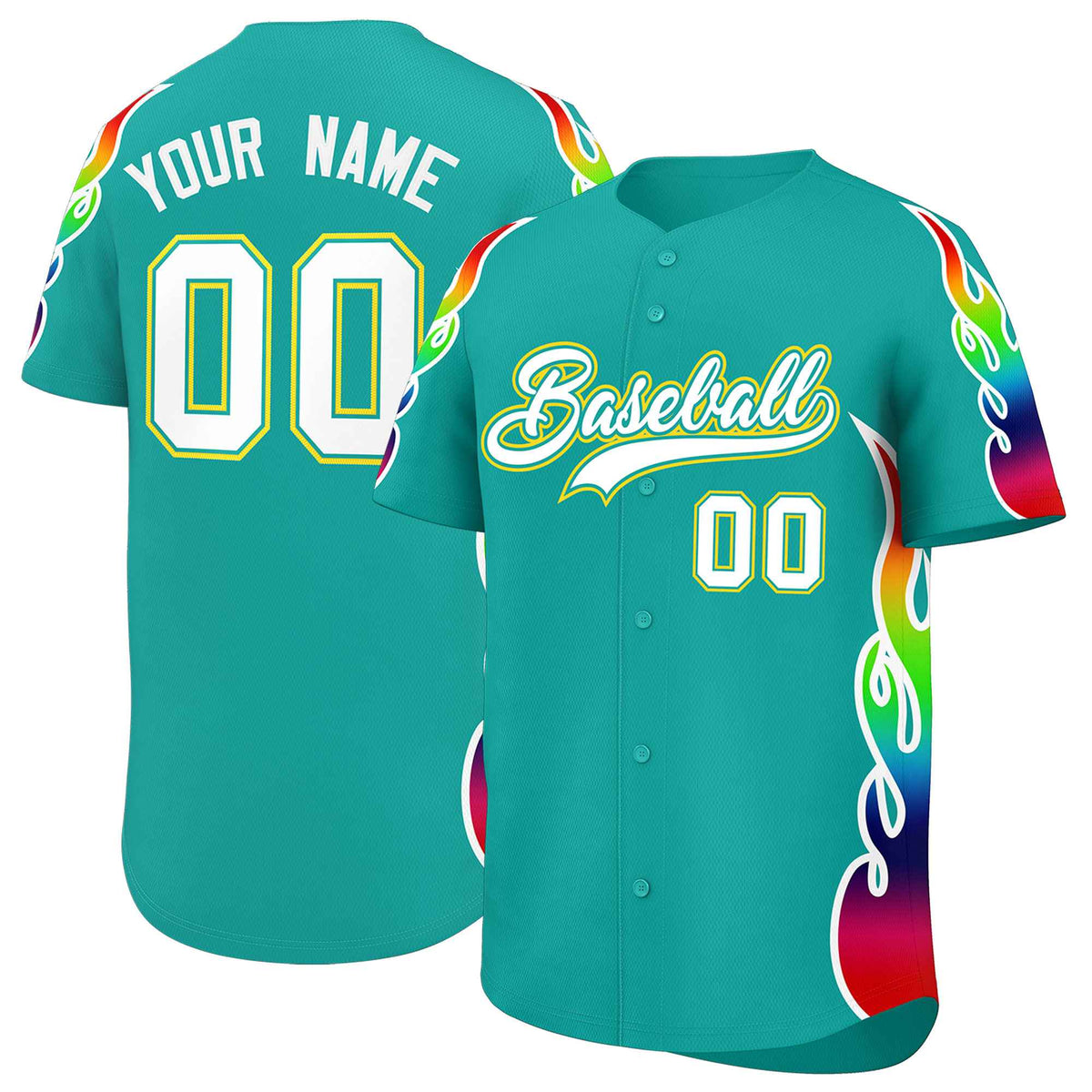 Custom Aqua Graffiti Pattern Personalized Multicolored Flames Print Authentic Baseball Jersey