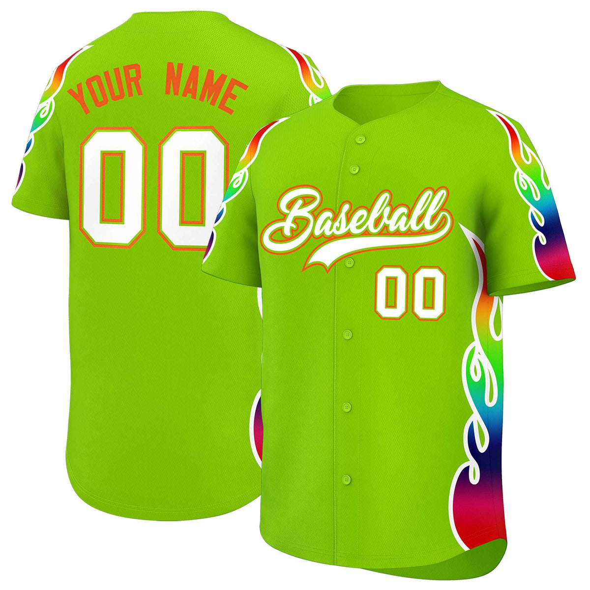Custom Neon Green Graffiti Pattern Personalized Multicolored Flames Print Authentic Baseball Jersey