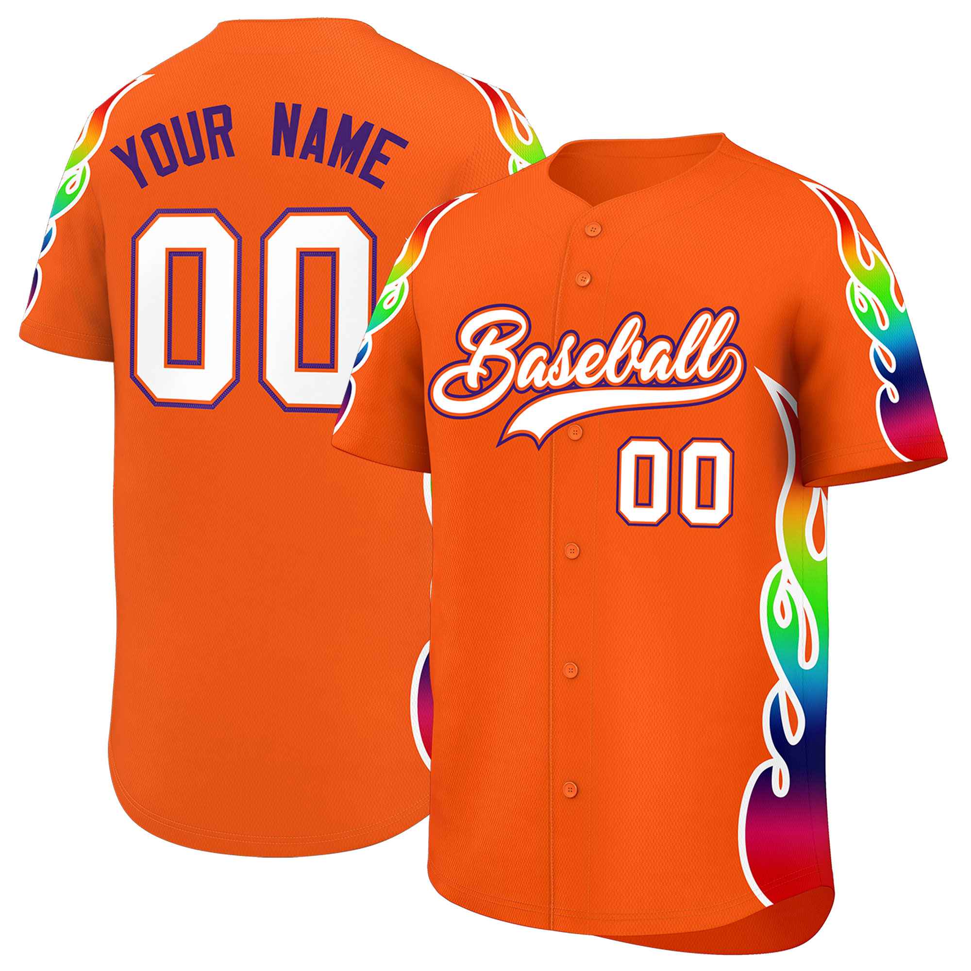 Custom Orange Graffiti Pattern Personalized Multicolored Flames Print Authentic Baseball Jersey