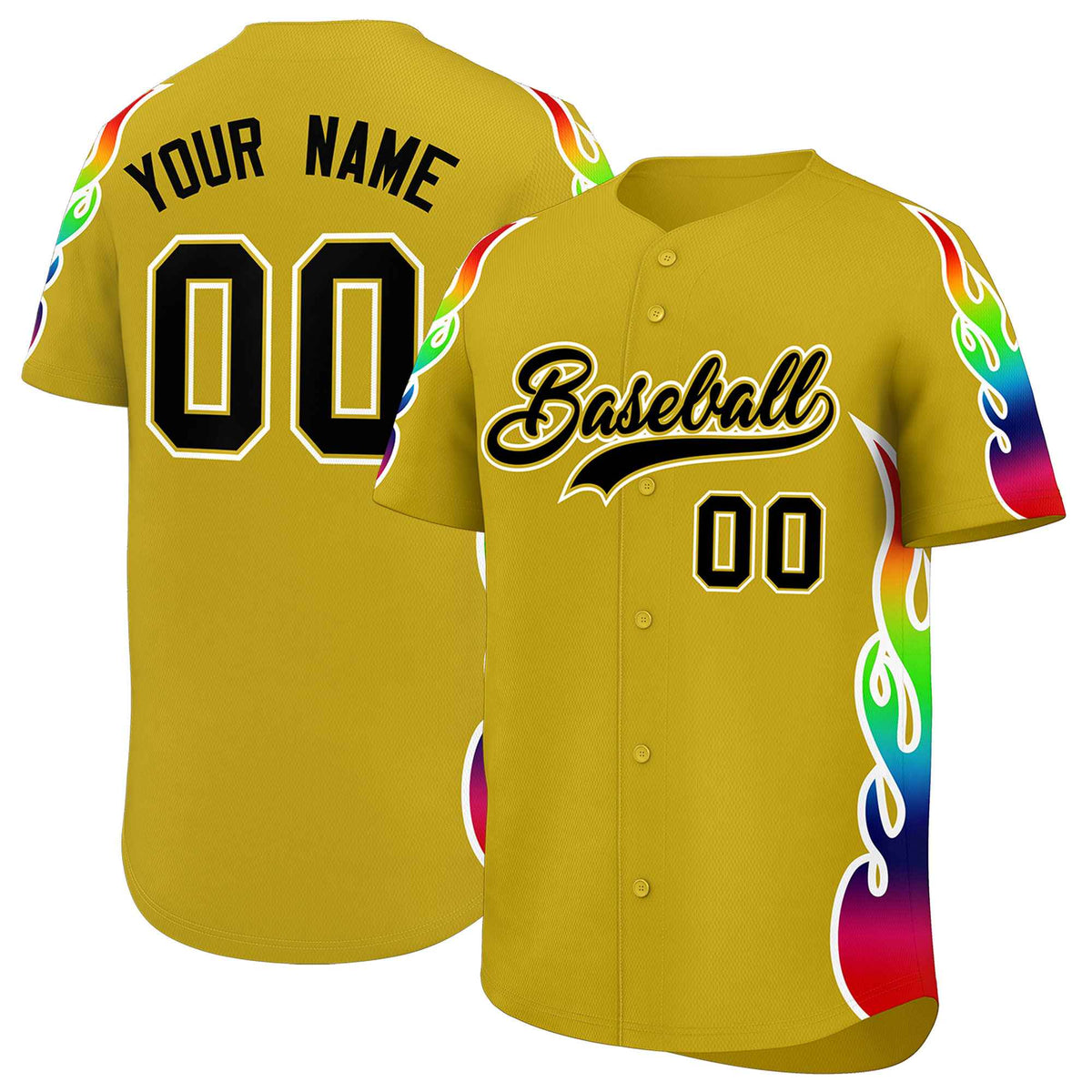 Custom Old Gold Graffiti Pattern Personalized Multicolored Flames Print Authentic Baseball Jersey