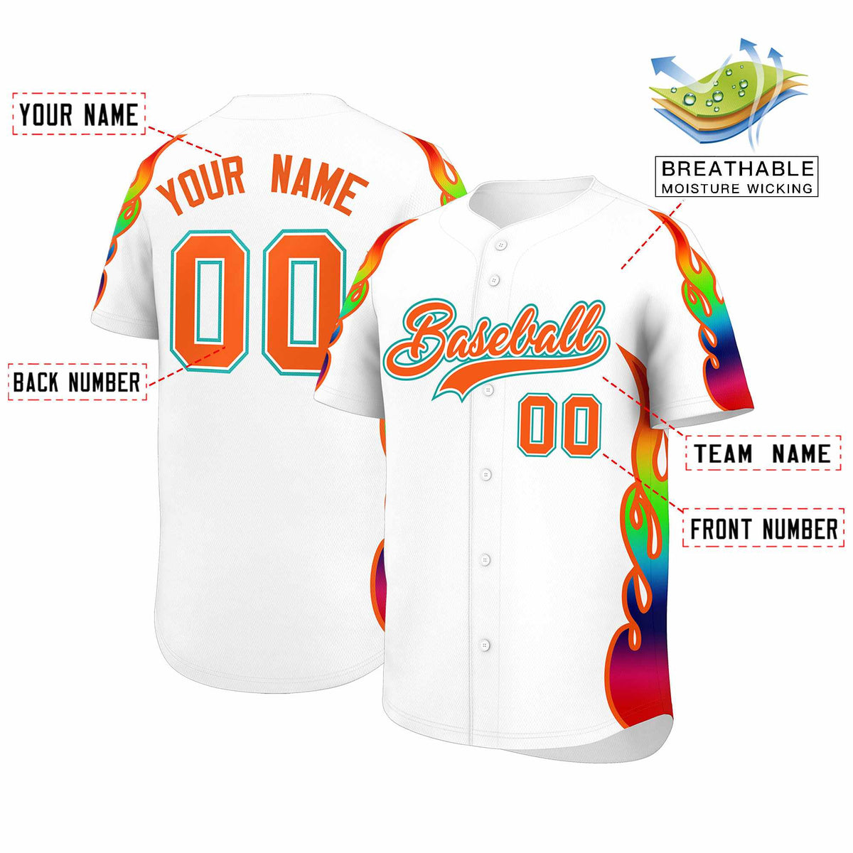 Custom White Graffiti Pattern Personalized Multicolored Flames Print Authentic Baseball Jersey