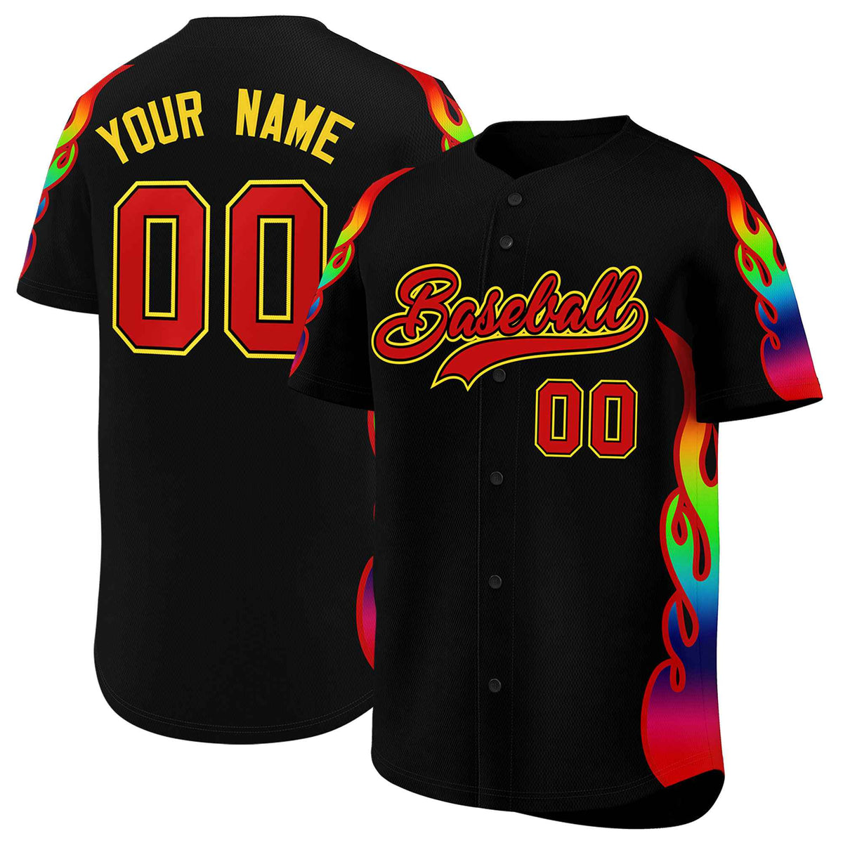 Custom Black Graffiti Pattern Personalized Multicolored Flames Print Authentic Baseball Jersey