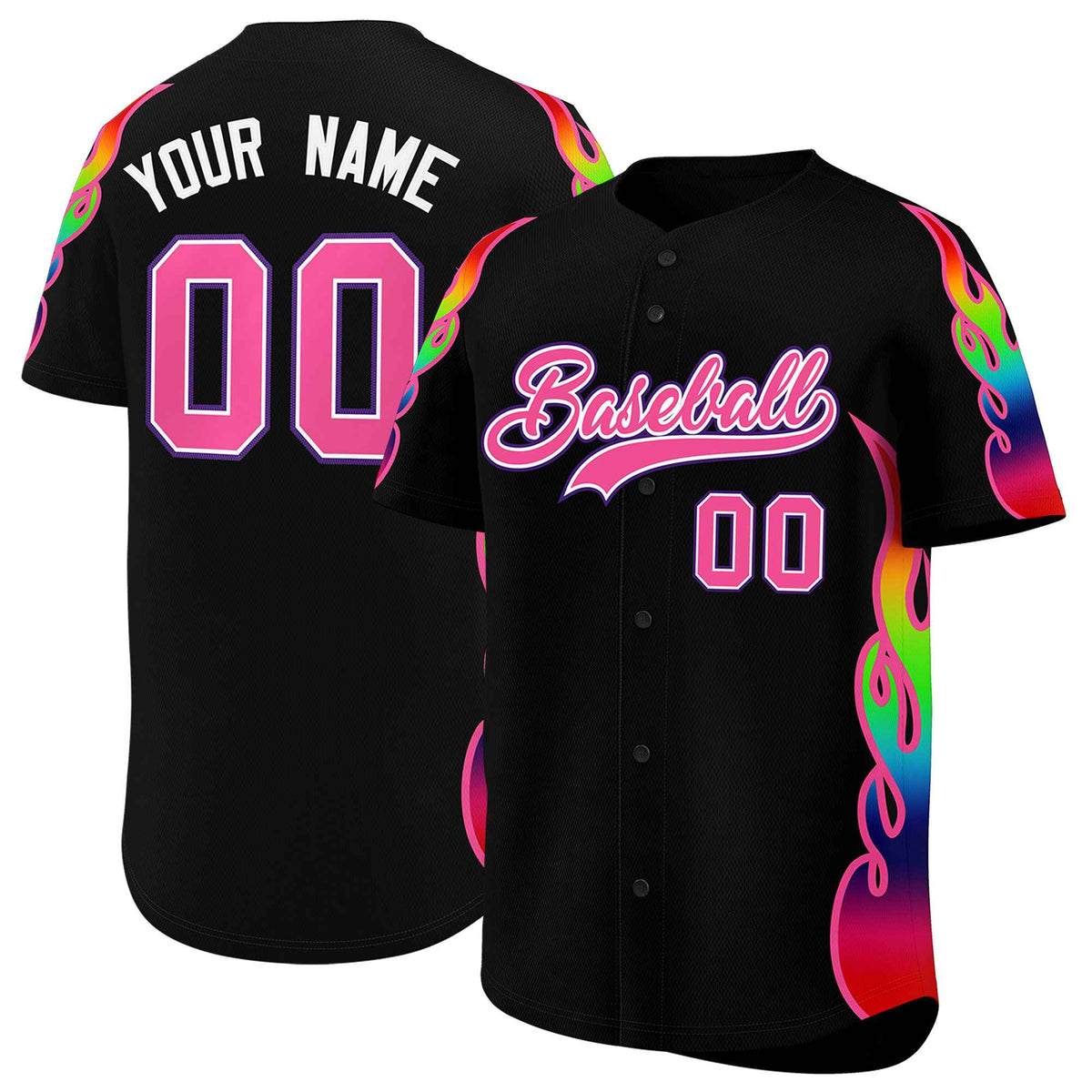 Custom Black Graffiti Pattern Personalized Multicolored Flames Print Authentic Baseball Jersey
