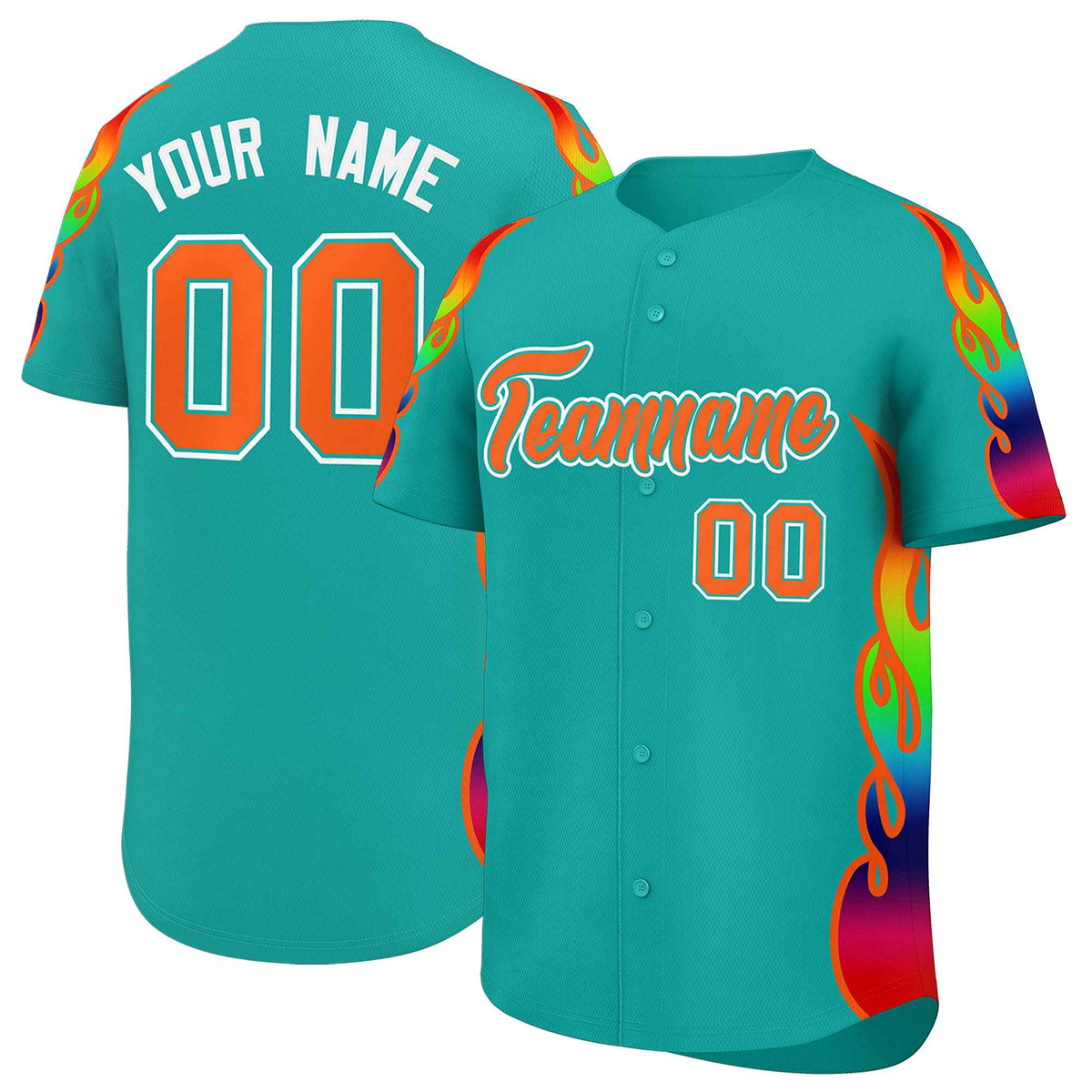 Custom Aqua Graffiti Pattern Personalized Multicolored Flames Print Authentic Baseball Jersey