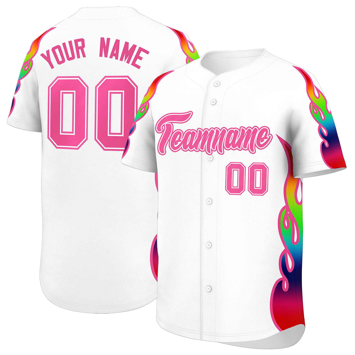 Custom White Graffiti Pattern Personalized Multicolored Flames Print Authentic Baseball Jersey