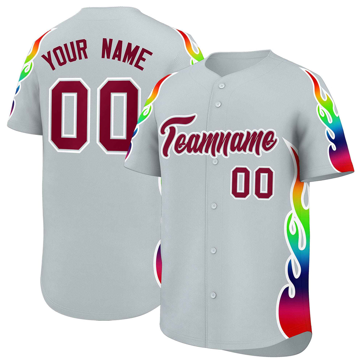 Custom Silver Graffiti Pattern Personalized Multicolored Flames Print Authentic Baseball Jersey
