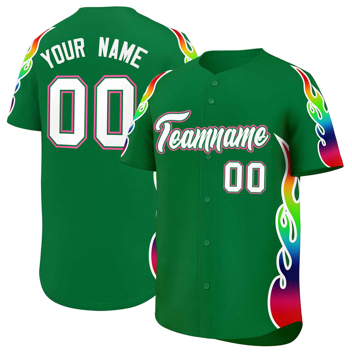 Custom Kelly Green Graffiti Pattern Personalized Multicolored Flames Print Authentic Baseball Jersey