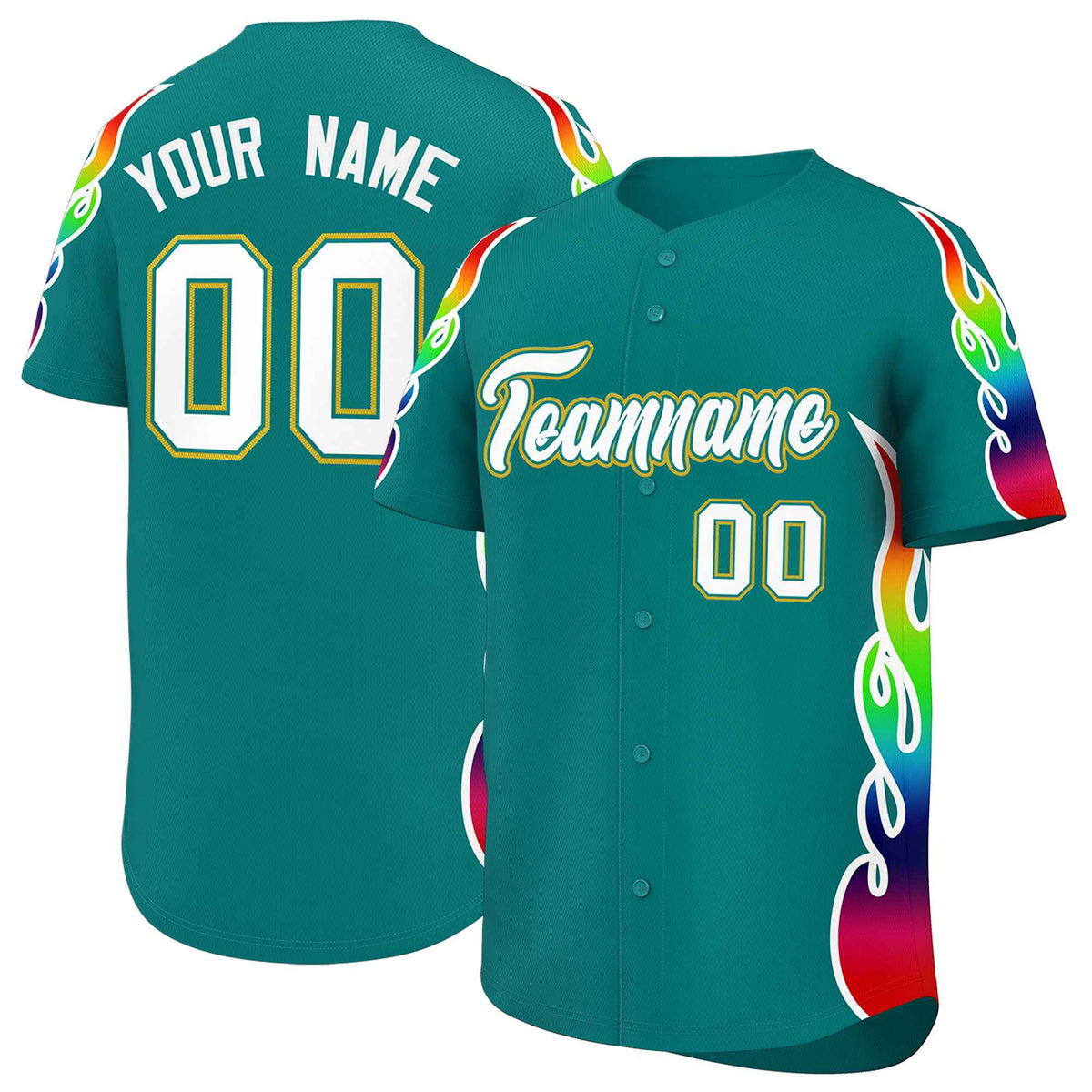 Custom Aqua Graffiti Pattern Personalized Multicolored Flames Print Authentic Baseball Jersey