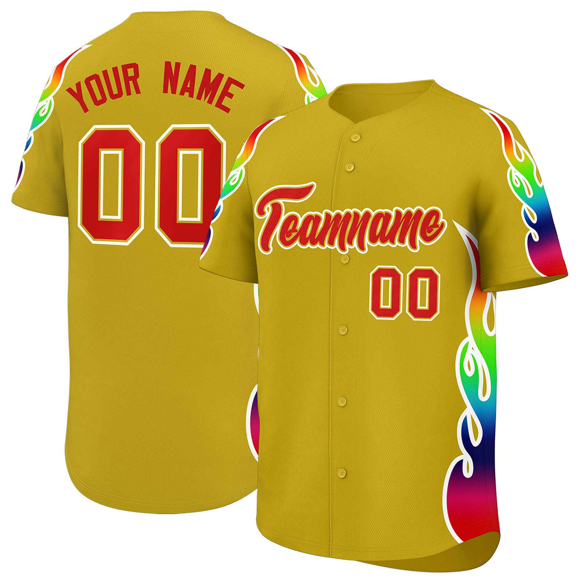 Custom Old Gold Graffiti Pattern Personalized Multicolored Flames Print Authentic Baseball Jersey