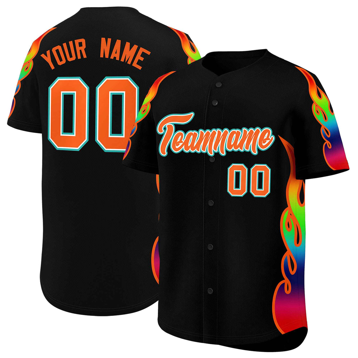 Custom Black Graffiti Pattern Personalized Multicolored Flames Print Authentic Baseball Jersey