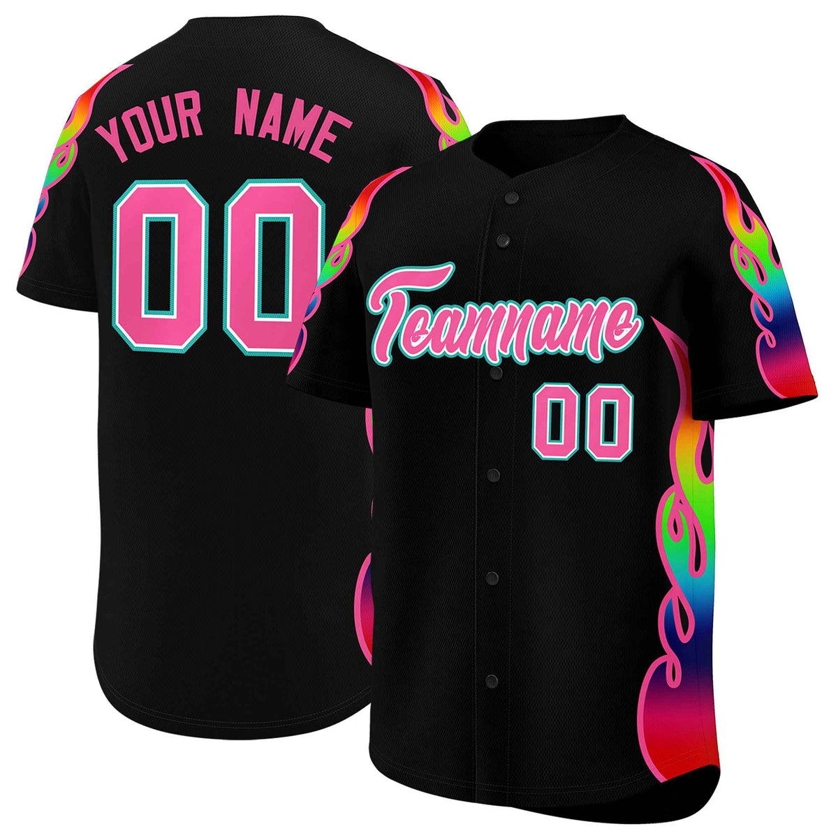 Custom Black Graffiti Pattern Personalized Multicolored Flames Print Authentic Baseball Jersey