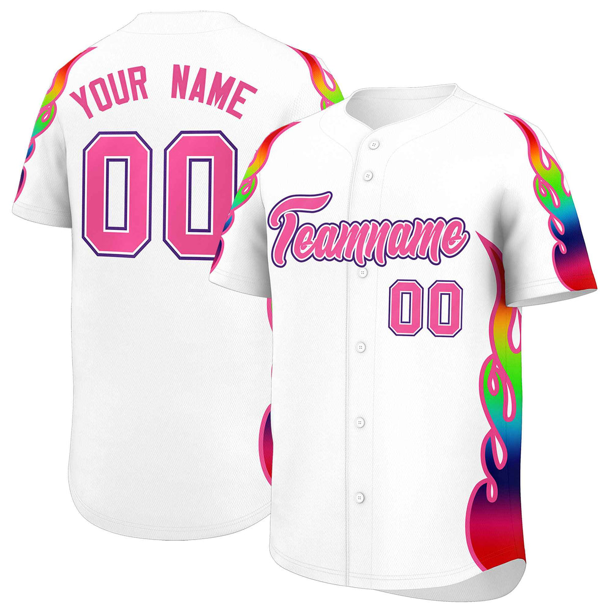 Custom White Graffiti Pattern Personalized Multicolored Flames Print Authentic Baseball Jersey