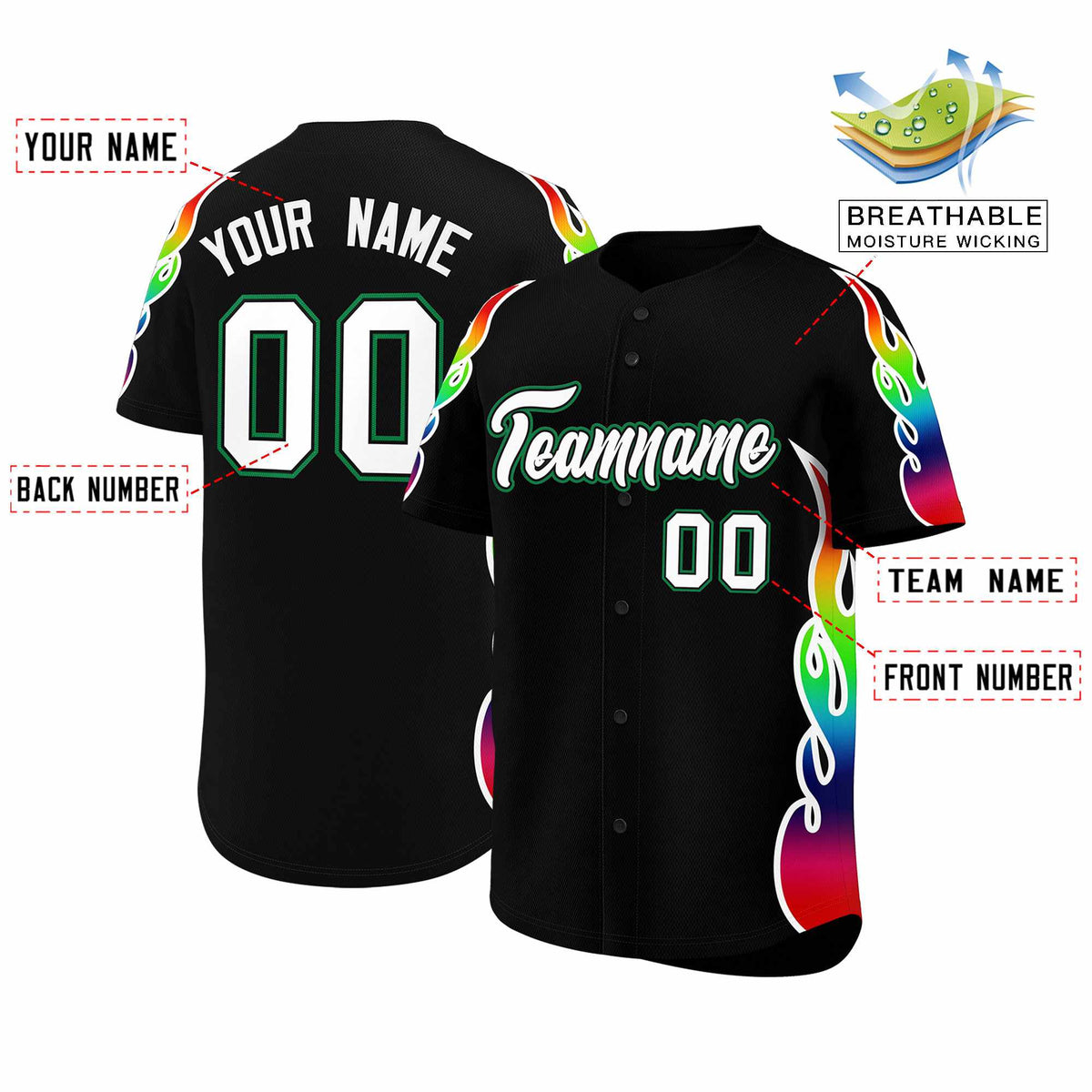 Custom Black Graffiti Pattern Personalized Multicolored Flames Print Authentic Baseball Jersey