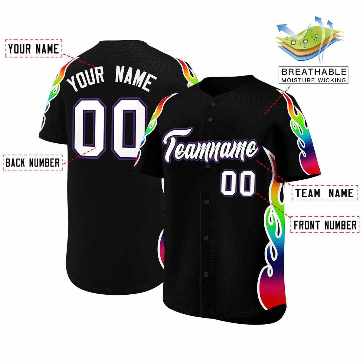 Custom Black Graffiti Pattern Personalized Multicolored Flames Print Authentic Baseball Jersey