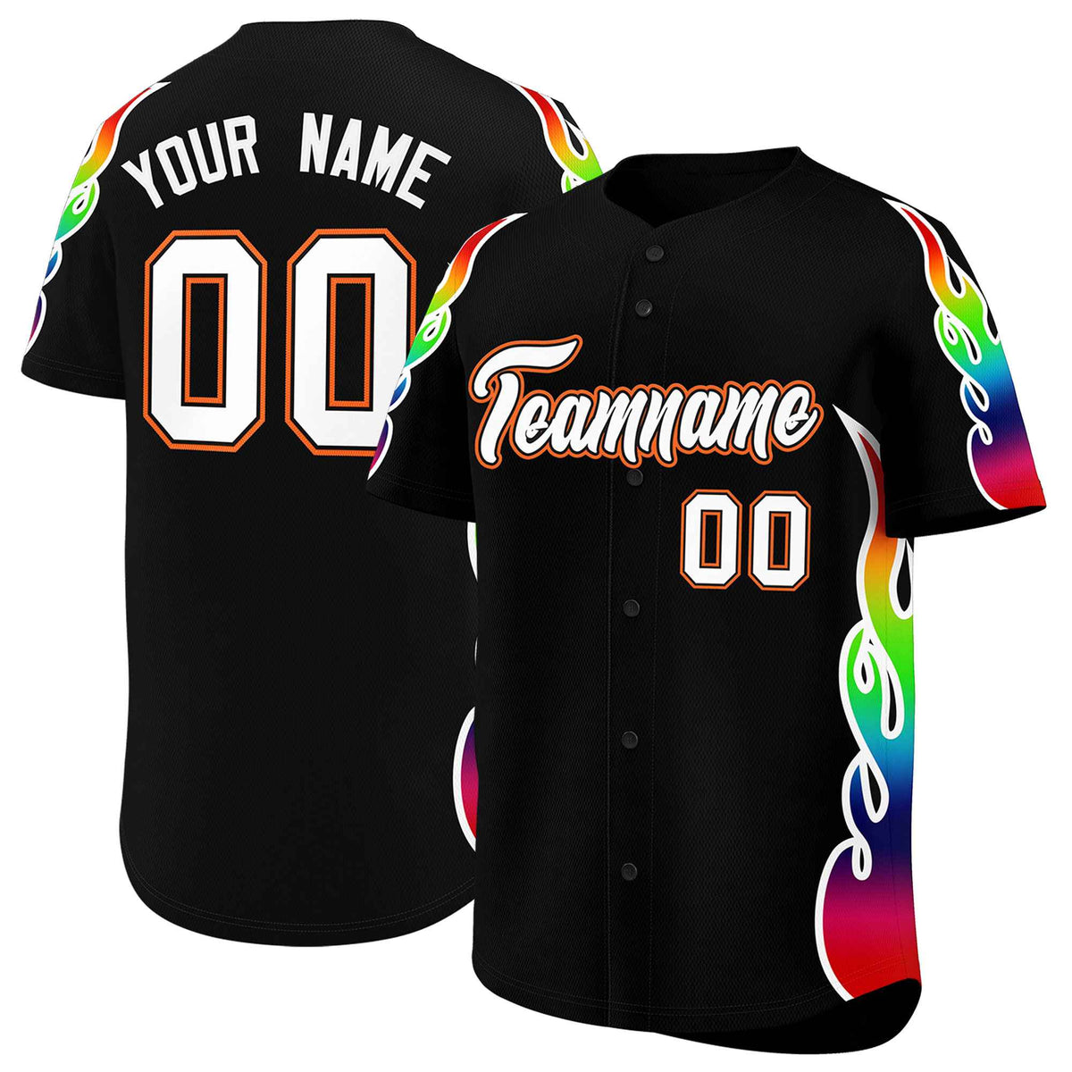 Custom Black Graffiti Pattern Personalized Multicolored Flames Print Authentic Baseball Jersey