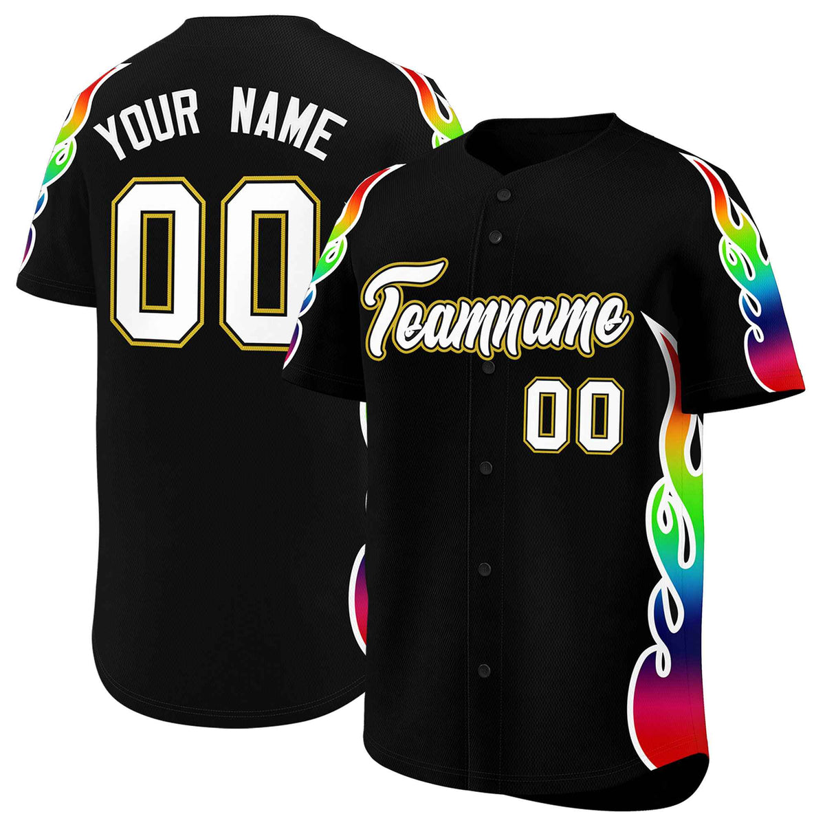 Custom Black Graffiti Pattern Personalized Multicolored Flames Print Authentic Baseball Jersey