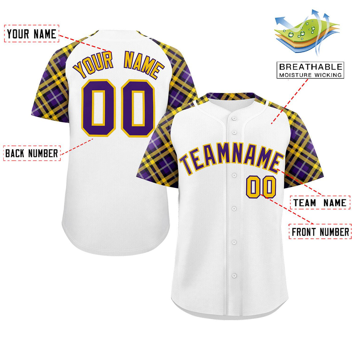 Custom White Purple-Gold Personalized Raglan Sleeves Authentic Baseball Jersey