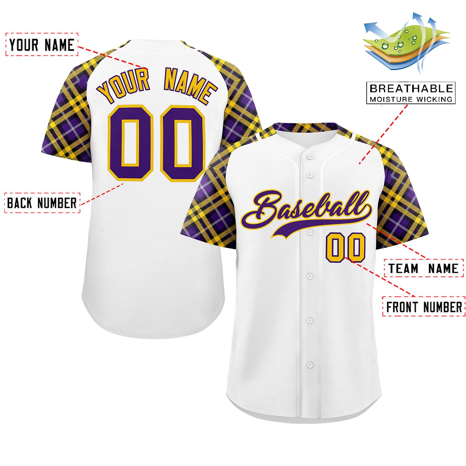 Custom White Purple-Gold Personalized Raglan Sleeves Authentic Baseball Jersey