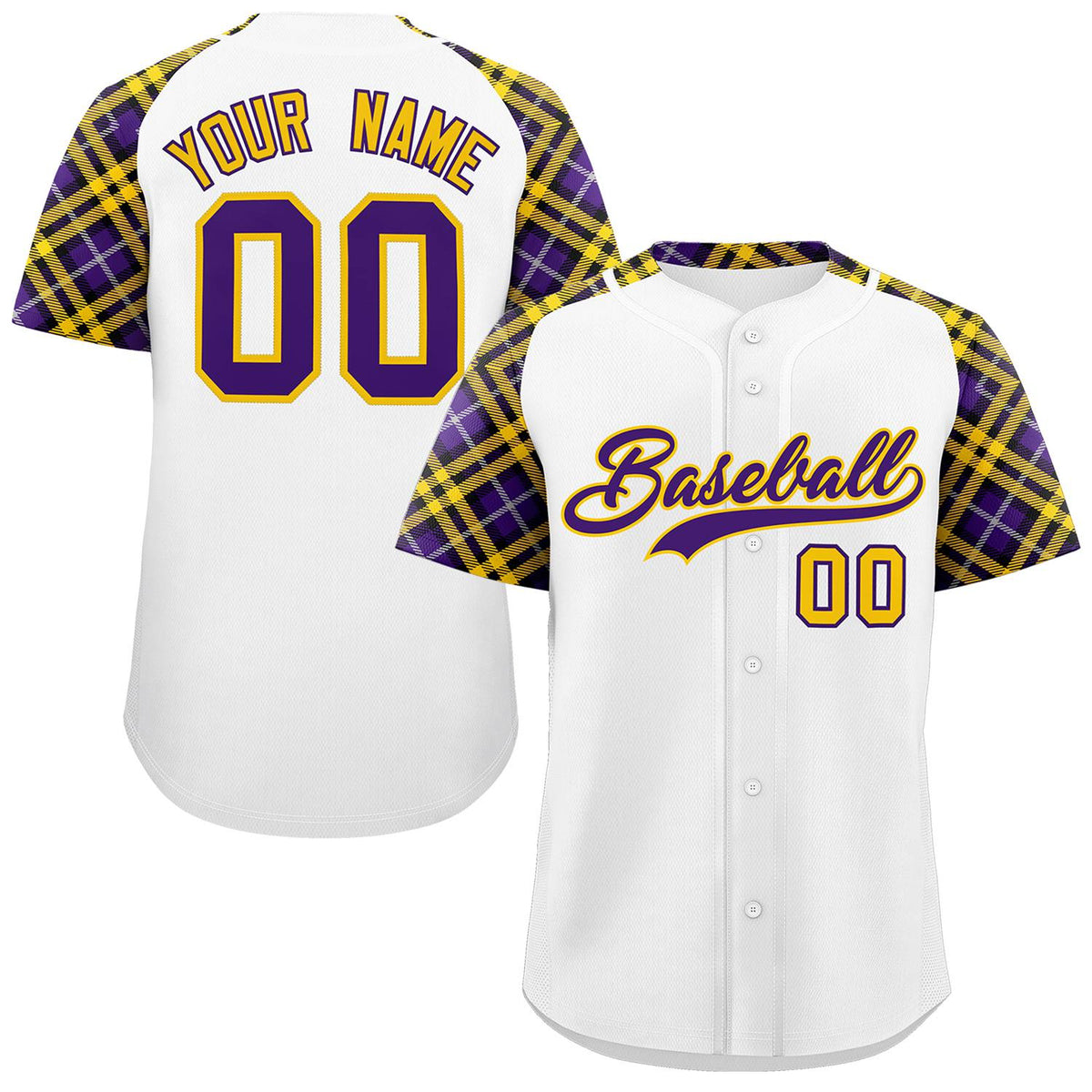 Custom White Purple-Gold Personalized Raglan Sleeves Authentic Baseball Jersey