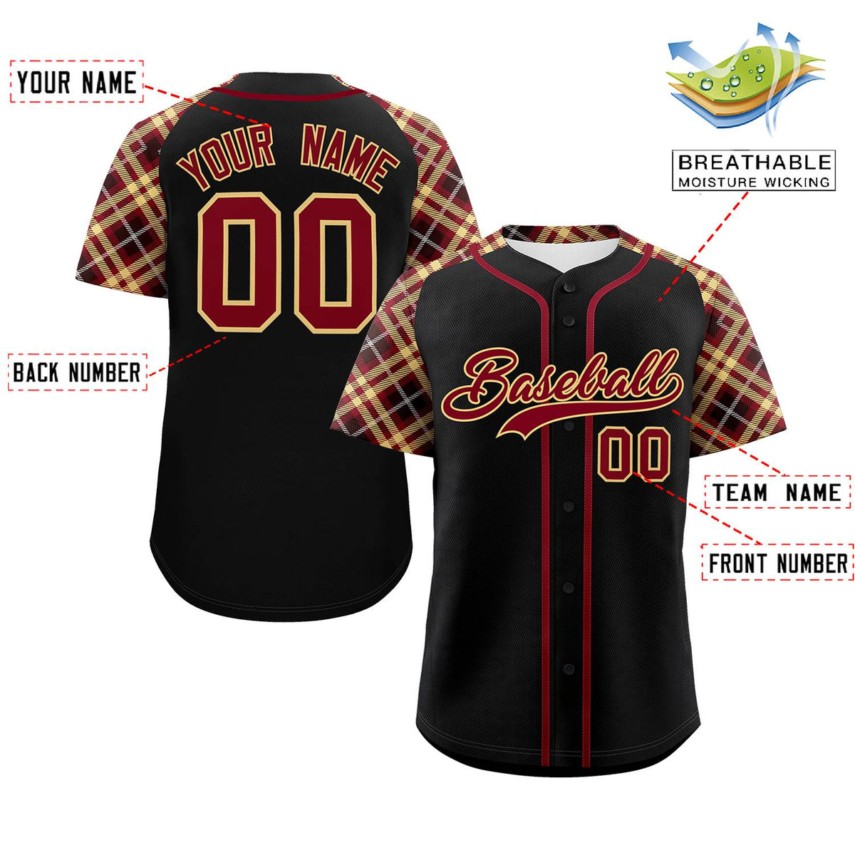 Custom Black Crimson-Old Gold Personalized Raglan Sleeves Authentic Baseball Jersey