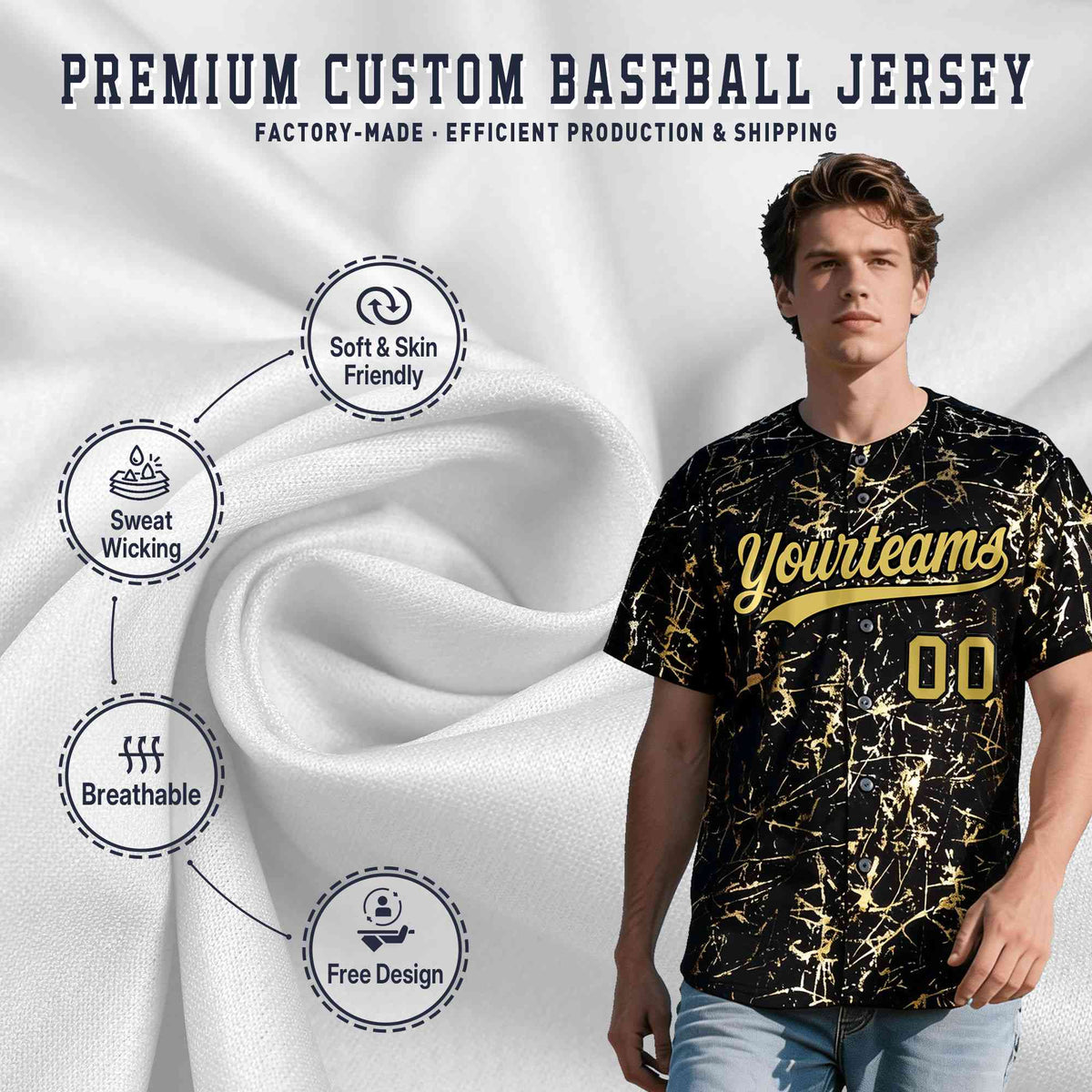 Custom Black Old Gold Shiny Gold Cracked Texture Baseball Jersey